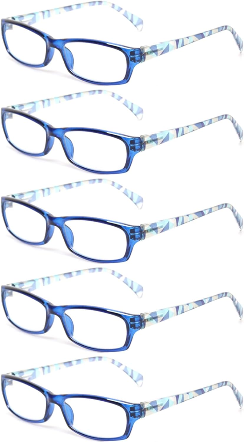 Kerecsen Reading Glasses 5 Pairs Fashion Ladies Readers Spring Hinge with Pattern Print Eyeglasses for Women (Blue, 1.5)