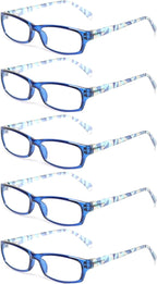 Kerecsen Reading Glasses 5 Pairs Fashion Ladies Readers Spring Hinge with Pattern Print Eyeglasses for Women (Blue, 1.5)