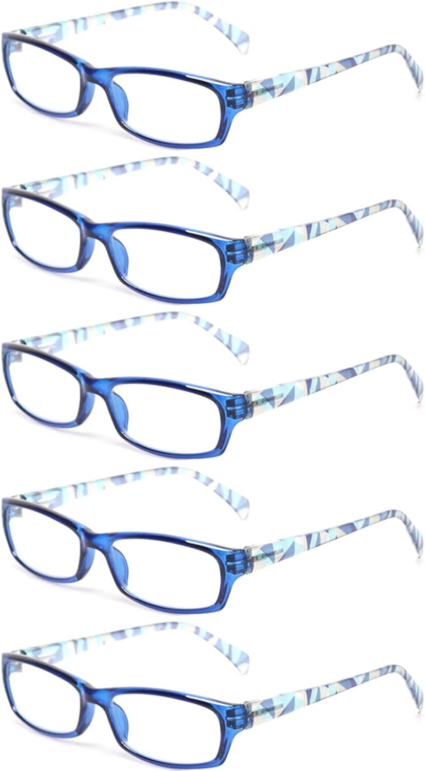 Kerecsen Reading Glasses 5 Pairs Fashion Ladies Readers Spring Hinge with Pattern Print Eyeglasses for Women (Blue, 2.0, x)