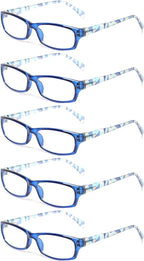 Kerecsen Reading Glasses 5 Pairs Fashion Ladies Readers Spring Hinge with Pattern Print Eyeglasses for Women (Blue, 2.0, x)