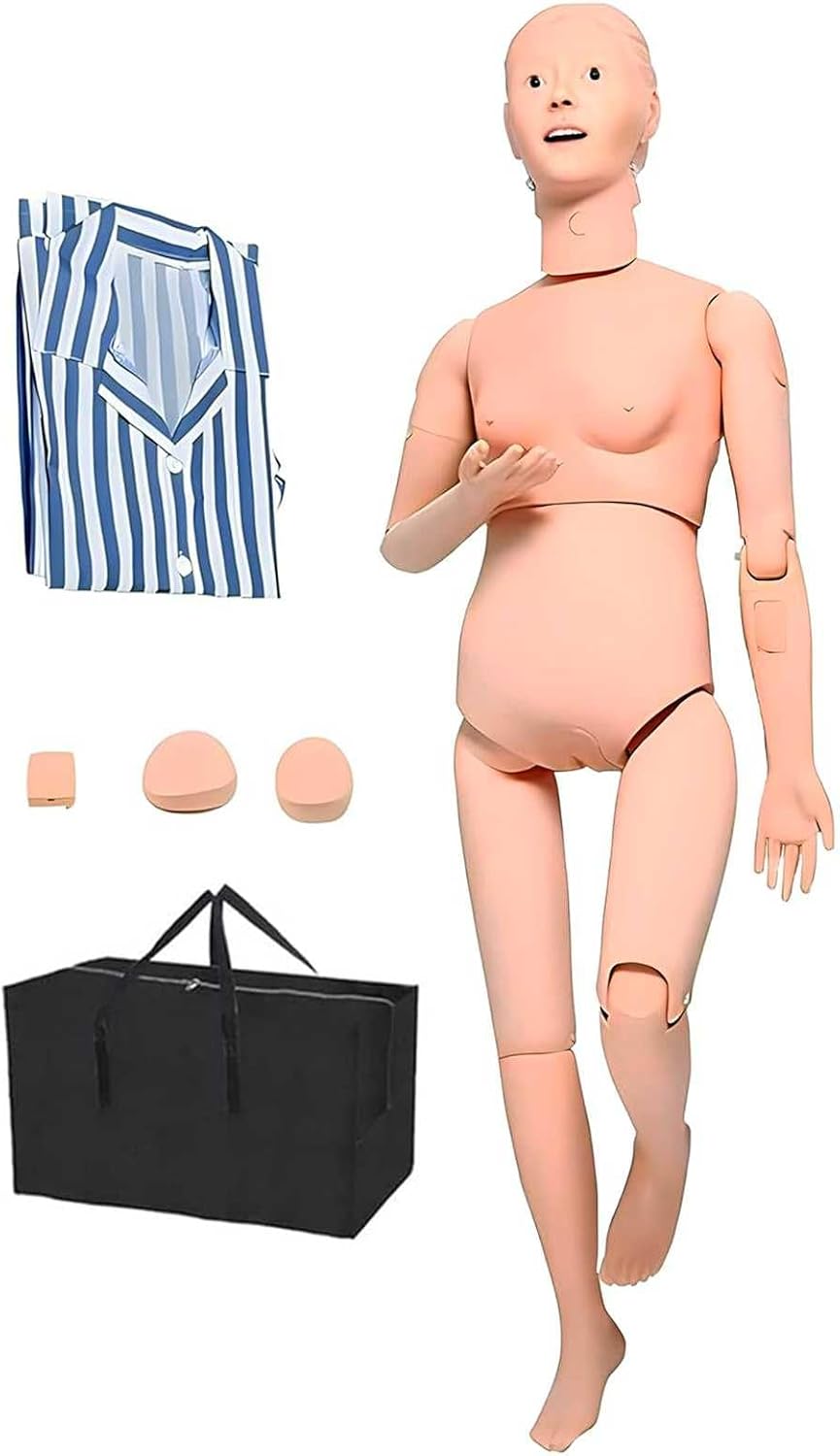 Scientific Nursing Skills Training Manikin 5.4ft Life Size Full Body Female Patient Care Manikin Simulator Basic Anatomical Human Model with 3 Injection Module for Nursing Medical Training T