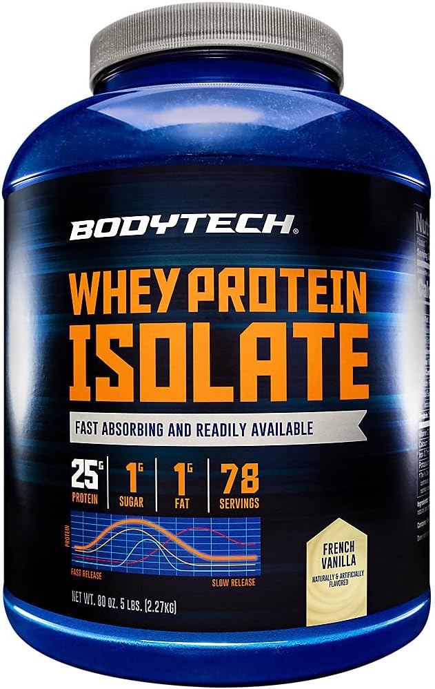 BodyTech Whey Protein Isolate Powder, French Vanilla Flavor, 25g Protein per Serving, High Concentrated Protein Powder with Amino Acids & BCAAs for Men and Women, Gluten Free, 5 lbs, 78 Servings