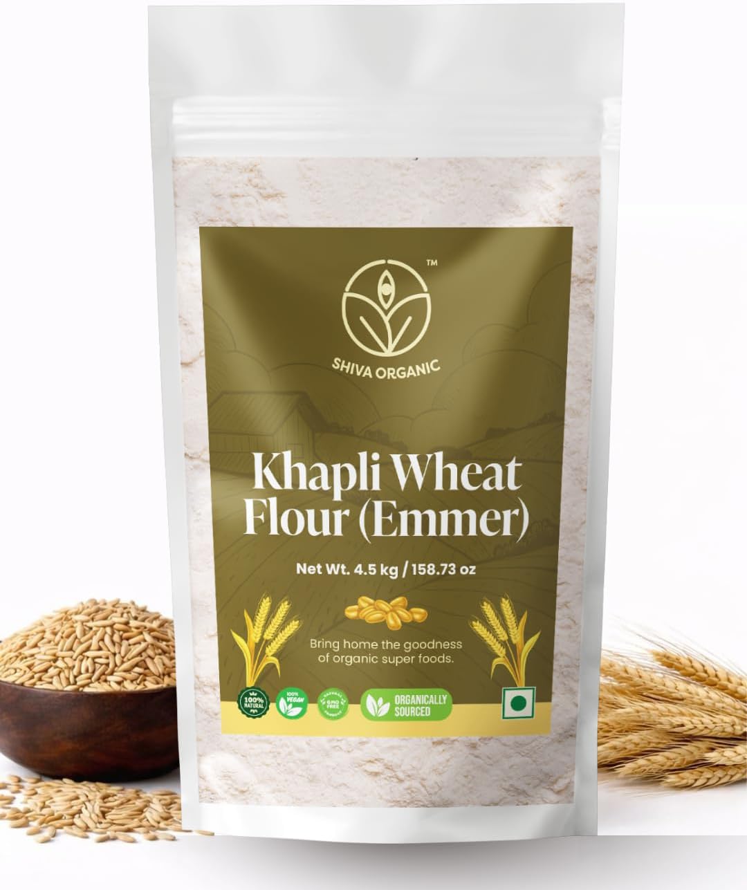 Shiva Organic Khapli Wheat Atta - 4.5 kg | Emmer Wheat Flour | High Fiber, Low Gluten, Ancient Grain with Abundant Bran