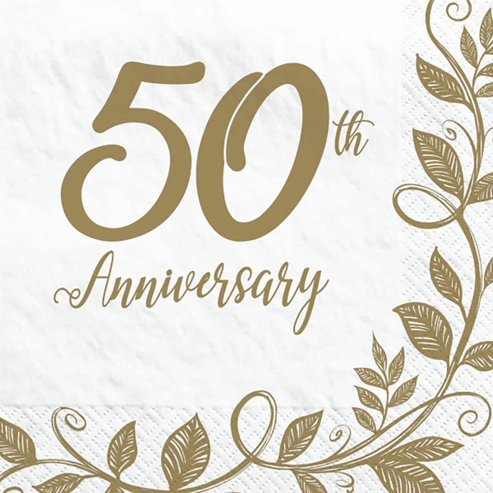 White & Gold" Happy 50th Anniversary" Luncheon Napkins - 6.5" (Pack Of 16) - Ideal For Celebratory Toasts & Special Occasions