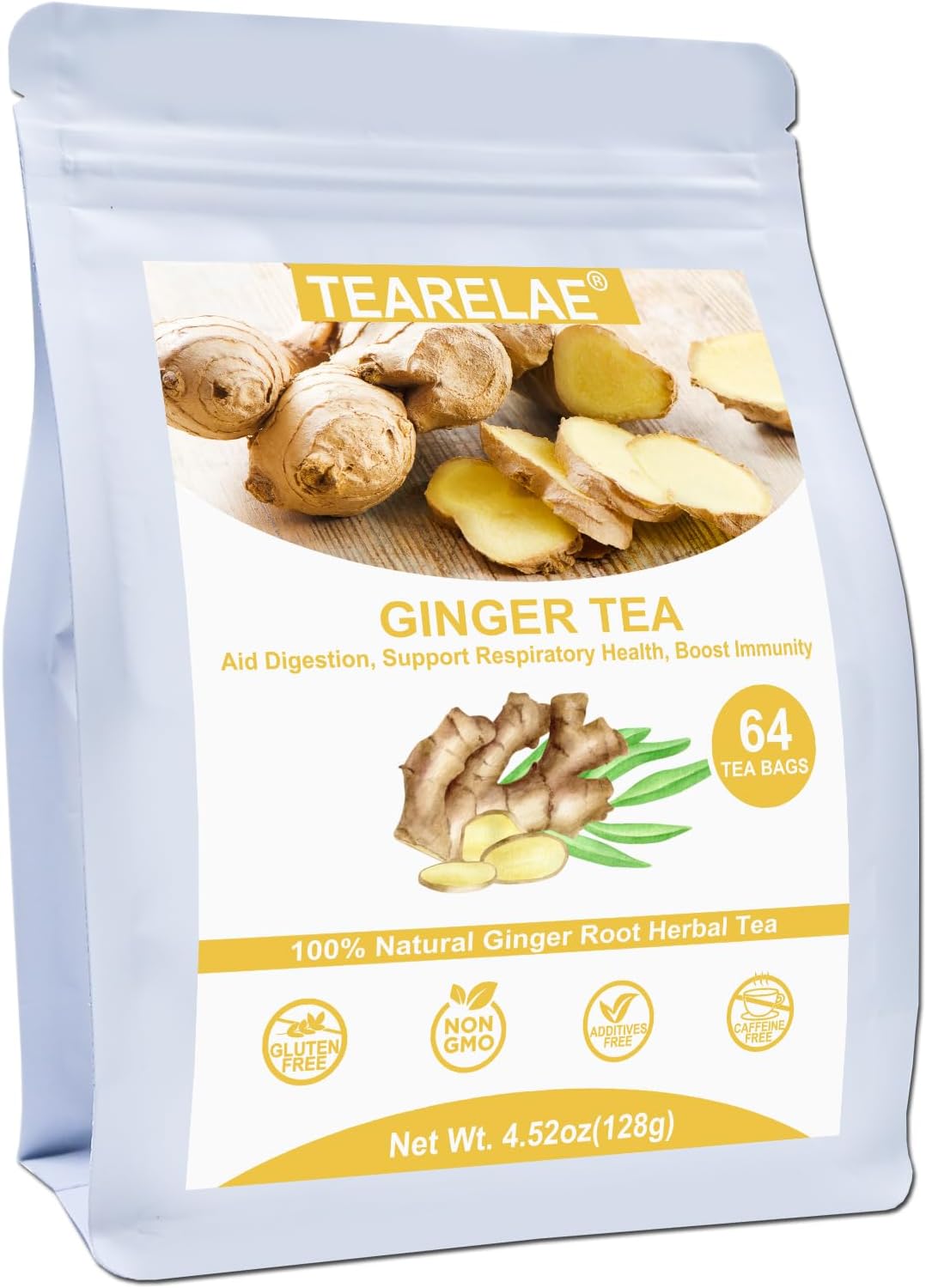 TEARELAE - Ginger Tea Bags, 64 Count - 100% Pure Ginger Root Tea, Soothing & Spicy - Non-GMO - Caffeine-free - Aid Digestion & Support Respiratory