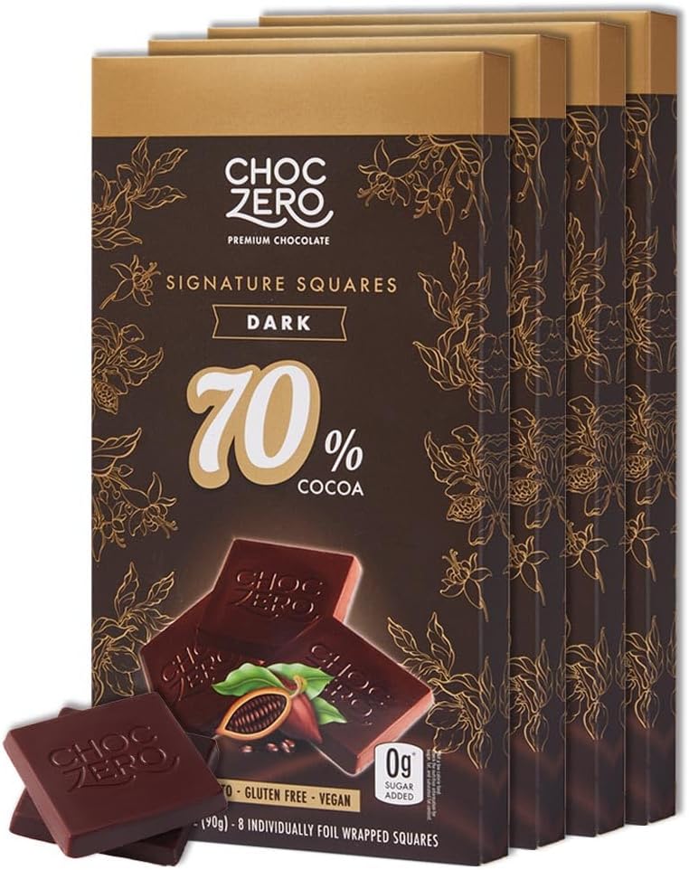 ChocZero 70% Cocoa Dark Chocolate Squares, Sugar Free, Vegan, Low Carb, High Fiber, Keto Friendly, No Sugar Alcohols (4 Count, 3.2oz Boxes)