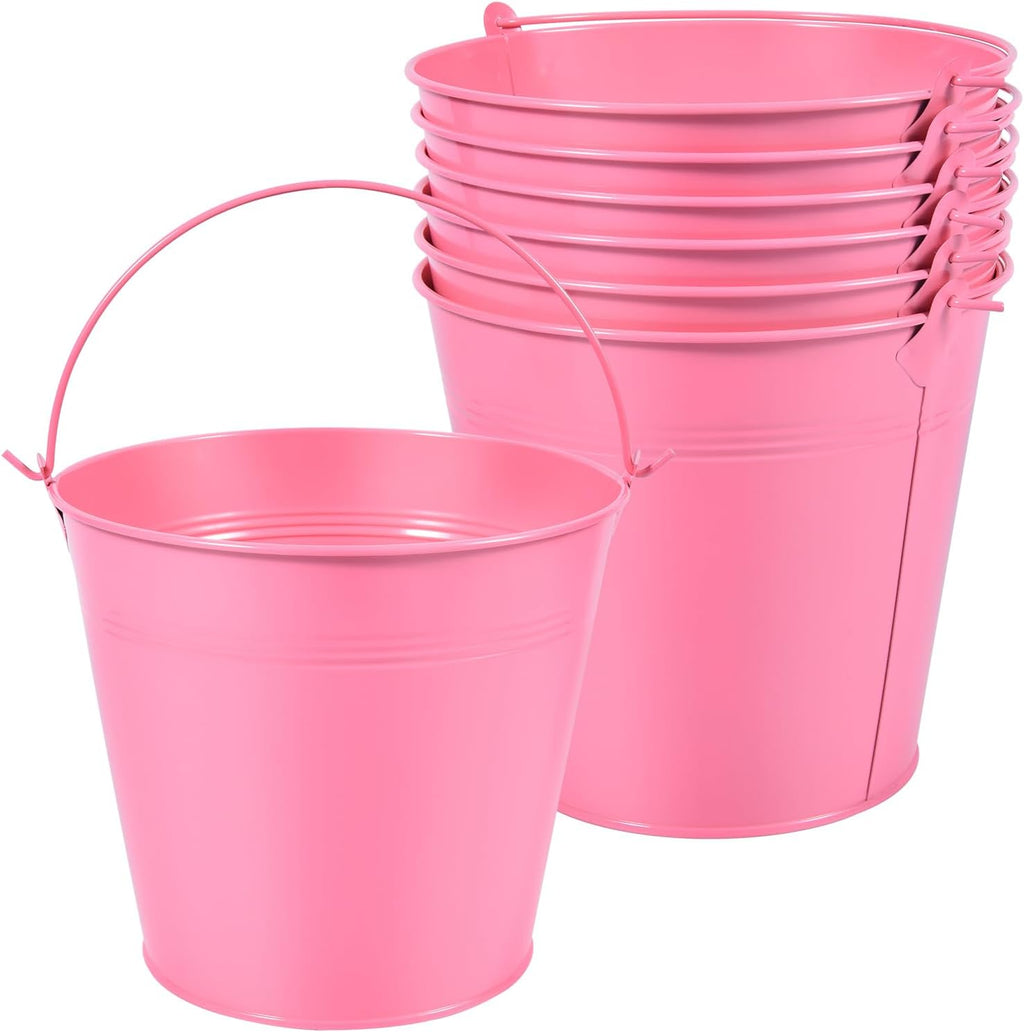 OBTANIM 7 Pack Pink Metal Buckets with Handle Galvanized Ice Pails for Plants, Succulents, Party Favors Organizing, Rustic Home Decor or Classrooms Pencil Storage (7.1 x 5.2 inch)