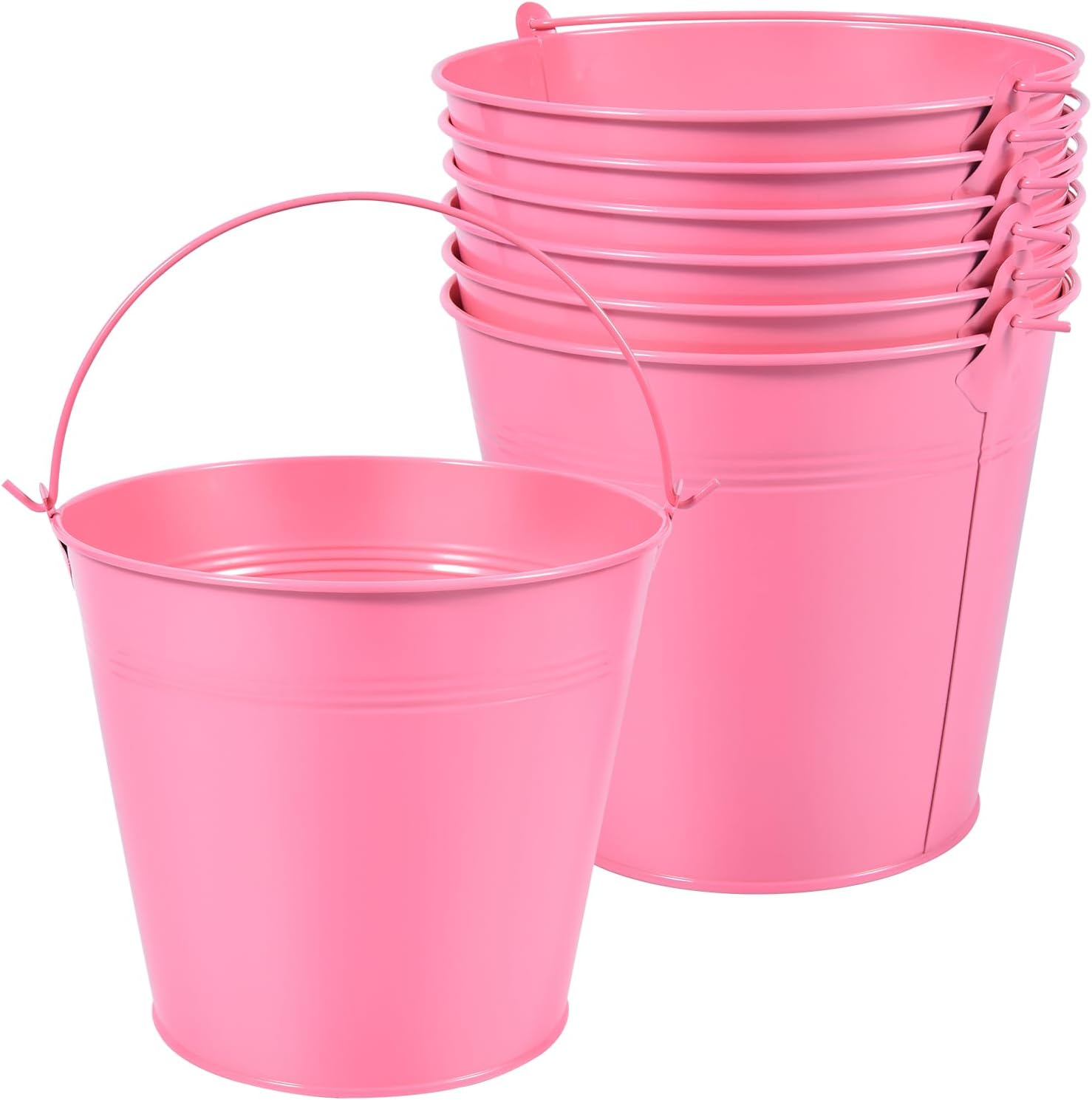 OBTANIM 7 Pack Pink Metal Buckets with Handle Galvanized Ice Pails for Plants, Succulents, Party Favors Organizing, Rustic Home Decor or Classrooms Pencil Storage (7.1 x 5.2 inch)