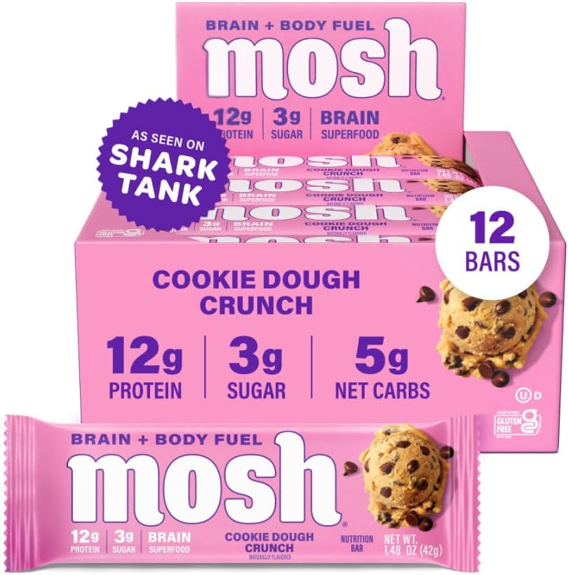 MOSH Cookie Dough Crunch Keto Protein Bars, High Fiber, Low Carb, Gluten Free, High Protein, Brain Healthy Snack, 12 Count