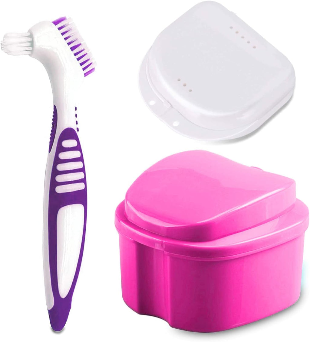 Denture Bath Case Cup with Denture Cleaner Brush & Retainer Holder Box, Complete Clean Care for Dentures, Clear Braces, Mouth Guard, Night Guard & Retainers,Traveling (Pink)