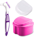 Denture Bath Case Cup with Denture Cleaner Brush & Retainer Holder Box, Complete Clean Care for Dentures, Clear Braces, Mouth Guard, Night Guard & Retainers,Traveling (Pink)