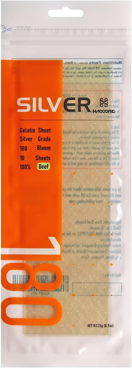 HAODONG Silver Gelatin Sheets - 180 Bloom Beef Leaf Gelatin for Baking and Cooking, Desserts (9-10 Sheets, 25g)
