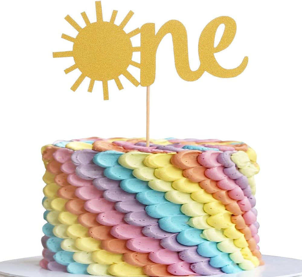 Sun One Birthday Cake Topper - Single-sided Gold Glitter Sunshine 1st Birthday Cake Smash Topper, Baby First Anniversary Shower Party Topper, Photo Booth Props