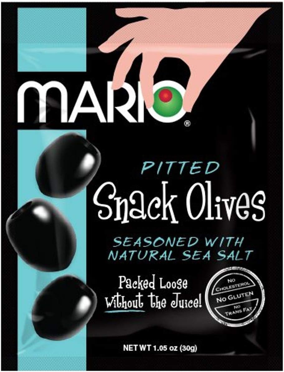 Mario Camacho Foods Pitted Snack Olives - Black Olives with Sea Salt - 1.05 oz Pouches (Pack of 12)