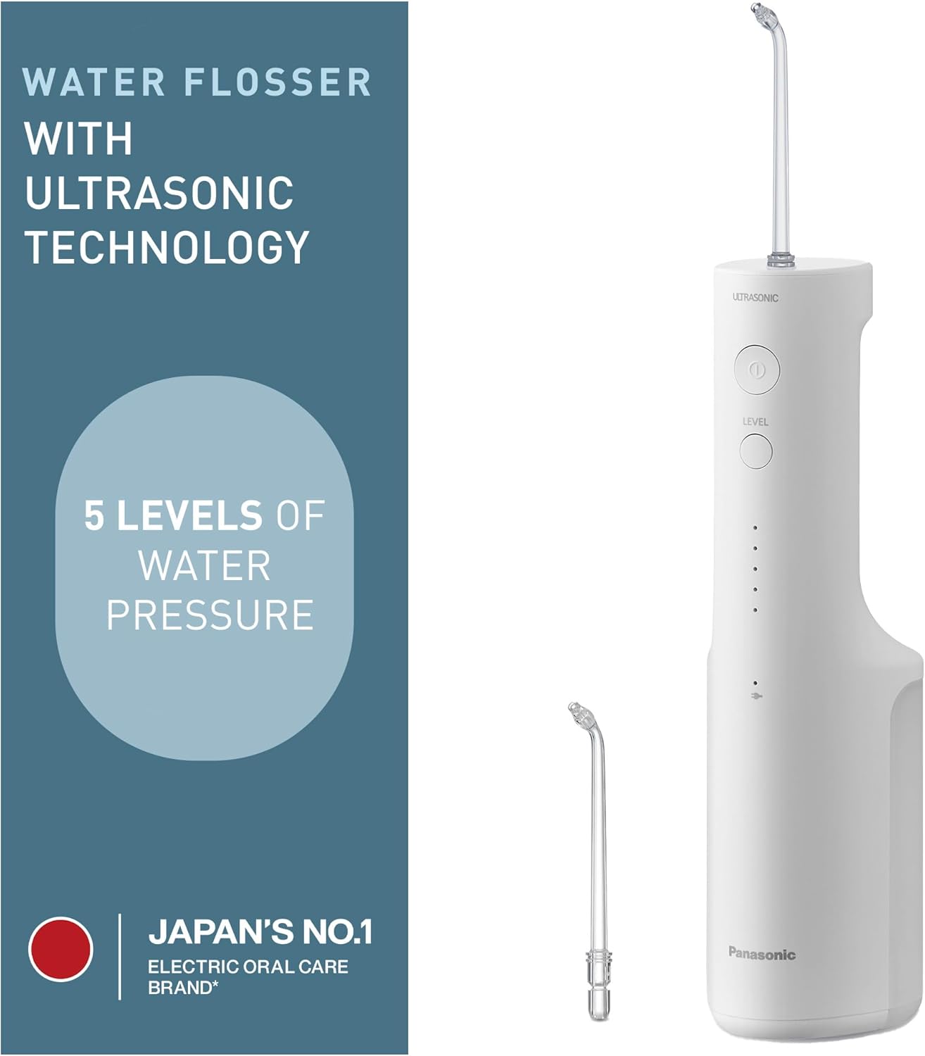 Panasonic Oral Irrigator, Cordless Water Flosser with Ultrasonic Cleaning, Dishwasher Safe Tank, EW-DJ66-W