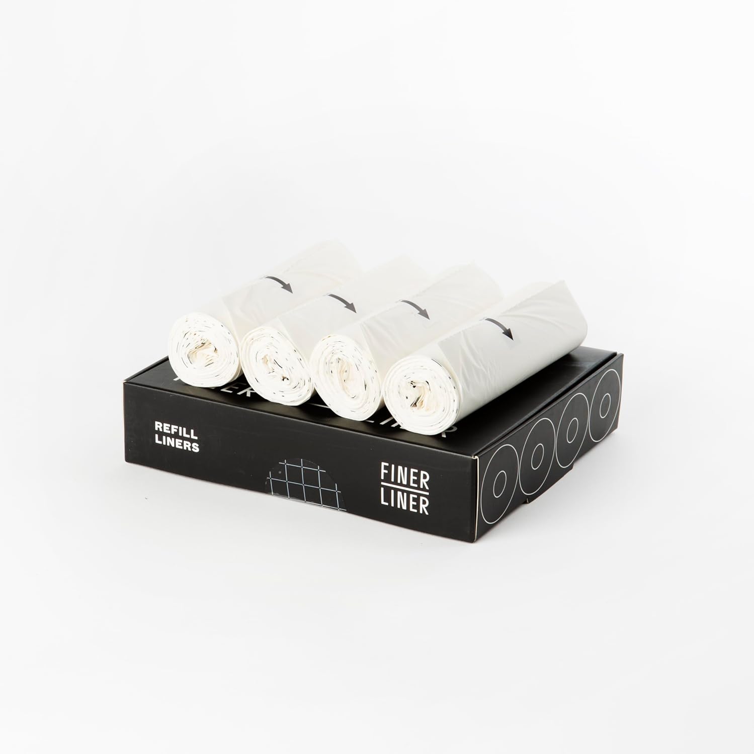 FINER LINER Refill Liners, Includes 4 rolls of unscented trash bag liners (40 count total), Fits up to 3 gallon small trash cans, fits (but does not include) Finer Liner Small Bin Liner Kit Dispenser