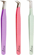 LASHORAA Lash Tweezers Set for Eyelash Extensions - 3 Piece Precision Fiber Tip Diamond Grip, Volume, L-Shape Boot, 90 Degree Tweezers - Includes Leather Case for Classic Lashes & Premade Fans