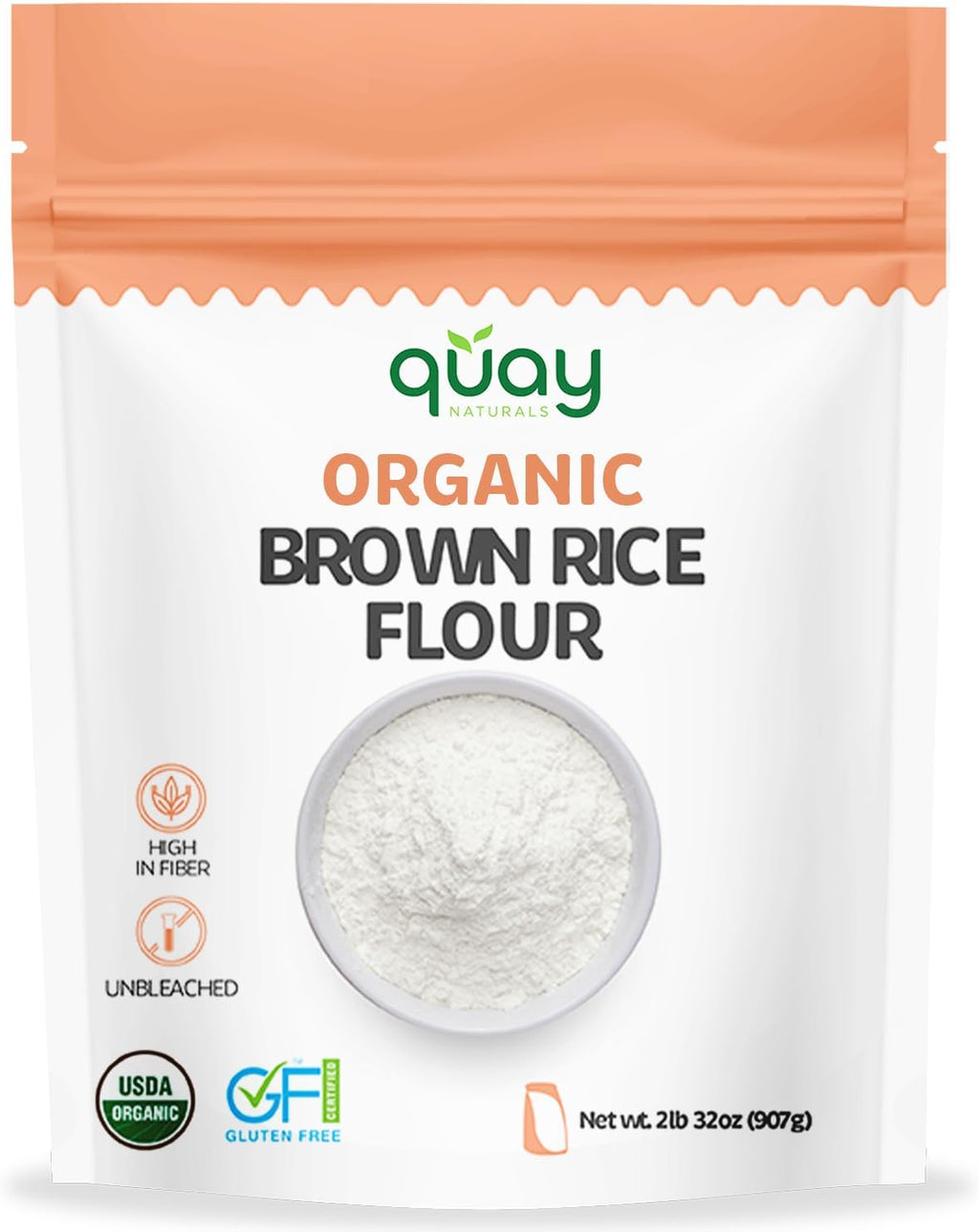 Quay Naturals Organic Brown Rice Flour Finely Milled 2 lb – Gluten Free, Non‑GMO, Whole Grain, Vegan Baking Flour, Stone Ground All Purpose Flour