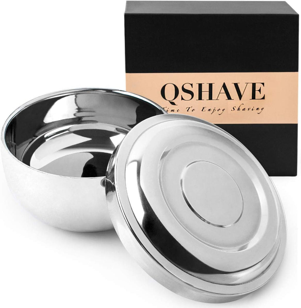 QSHAVE Stainless Steel Shaving Bowl with Lid 4 Inch Diameter Large Deep Size Chrome Plated Shinning Finish