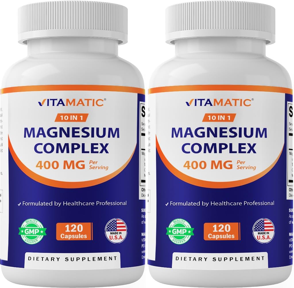 Vitamatic Magnesium Complex, 400mg Elemental MG (as Bisglycinate, Citrate, Taurate, Malate, Aspartate, Oxide, Gluconate, Lysinate Glycinate, Orotate, Succinate) - 120 Capsules per Pack - 2 Pack