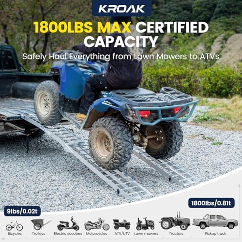 7.5FT Aluminum Loading Ramps, 1800 lbs Max Capacity, Folding Ramps for Pickup Truck & Trailer with Load Straps, for Loading Motorcycles, ATVs, Lawn Mowers, and Small Vehicles, 90" L x 12" W (2-Pack)