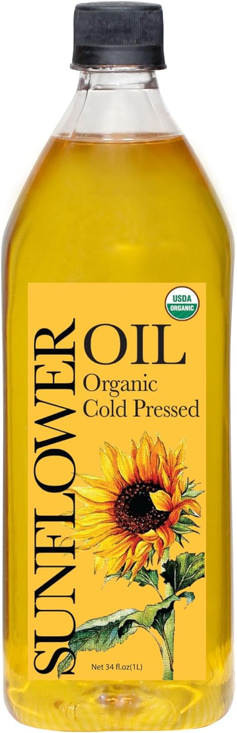 Daana Sunflower Oil: Certified USDA Organic, Extra Virgin, Cold Pressed, High Oleic, Non-GMO. Healthy Oil for Cooking, Baking, Frying, Hair and Skin Care. Pesticide and Chemical Free (34 Fl oz) (Pack of 1)