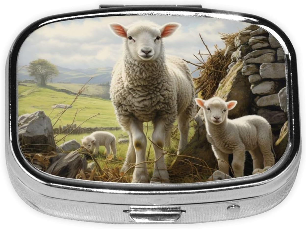 Pill Box 2 Compartment Medicine Pill Case for Pocket or Purse Pill Boxes Decorative Organizer Unique Gift - Sheep and Lambs