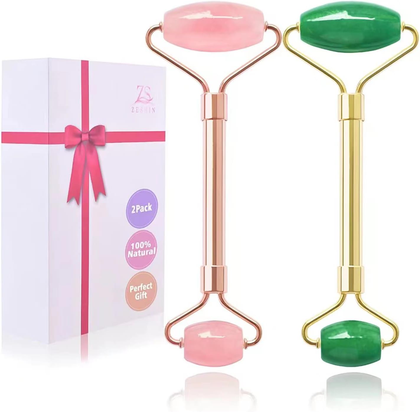 2 Pack Jade Facial Roller & Rose Quartz Face Roller for Wrinkles and Puffiness, Natural Jade Stone Face Massager Roller