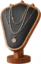 Walnut Color Body Wood Necklace Display Stand with Black Leather Soft Mat Necklace Holder Organizer Desktop Stand for Home Store Dresser-3.3"x5.8"x8.4"