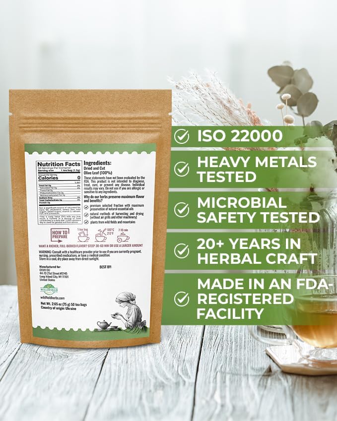 50 Bags Olive Leaf Tea Dried Olive Leaf Herbal Tea (Olea Europaea) - 50 Count 1.5 g Bags Hojas De Olivo Secas