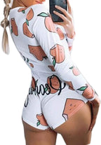 Women Butt Button Back Flap Pajamas Long Sleeve V Neck Shorts Jumpsuit One Piece Bodysuits Bodycon Romper Overall