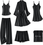SAPJON Womens Silk Pajama Sets 6Pcs Sexy Satin Robe Sleepwear Set V Neck Lace Cami Shorts Nightgown Loungewear