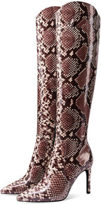 JANSEVEN Snakeskin Knee High Boots for Women Snake Skin Tall Boot with Stiletto High Heel Python Print Pointed Toe Fashion Boots Side Zipper