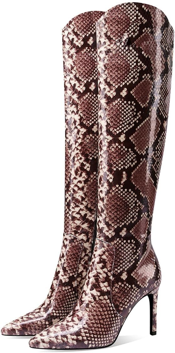JANSEVEN Snakeskin Knee High Boots for Women Snake Skin Tall Boot with Stiletto High Heel Python Print Pointed Toe Fashion Boots Side Zipper