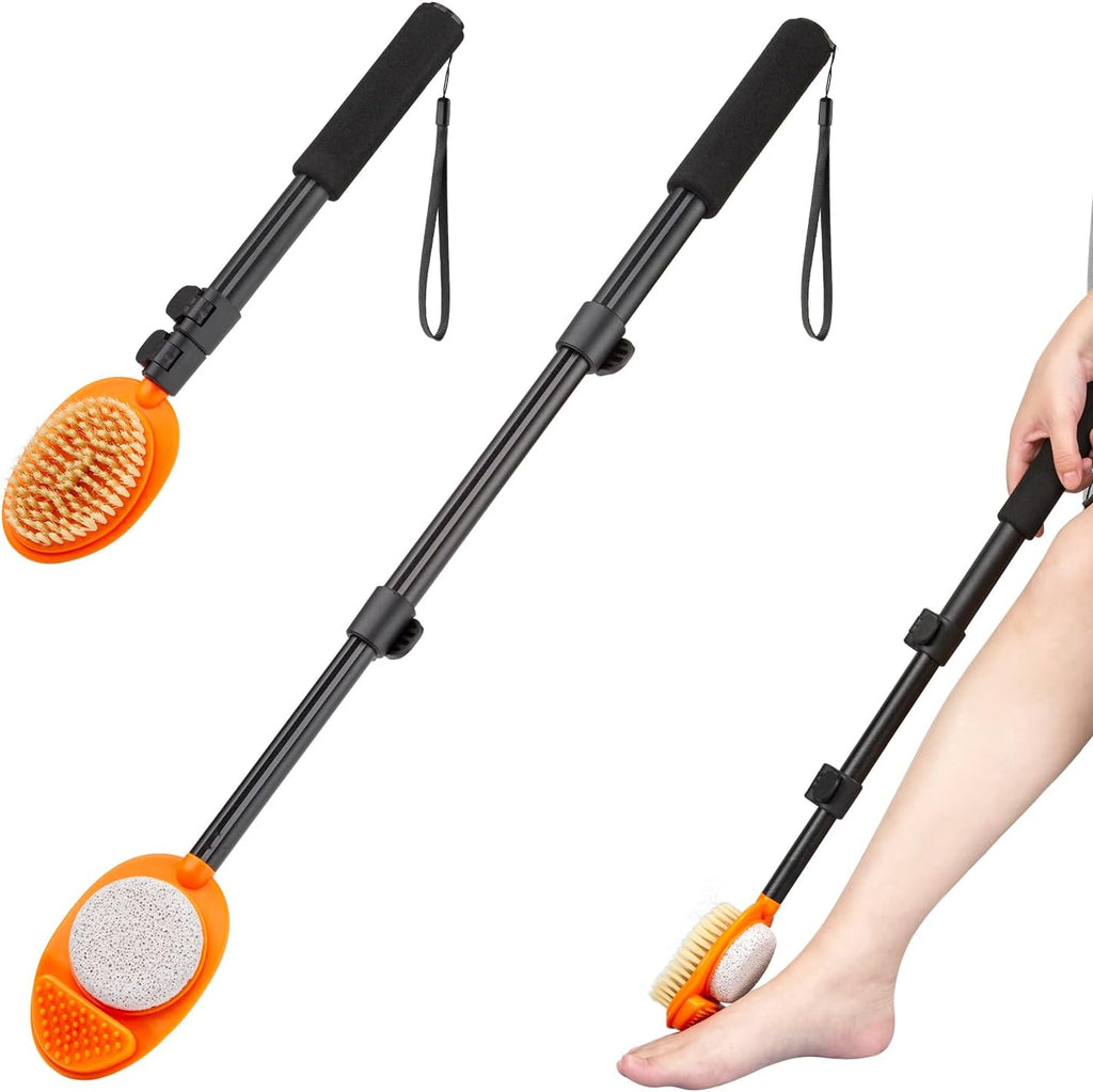 Foot Scrubber with Pumice Stone, 3 in 1 Adjustable Aluminum Tube 15”-28” Shower feet Dead Skin Remover, Foot Cleaning Brush for Seniors,Elderly, Disabled Men and Women