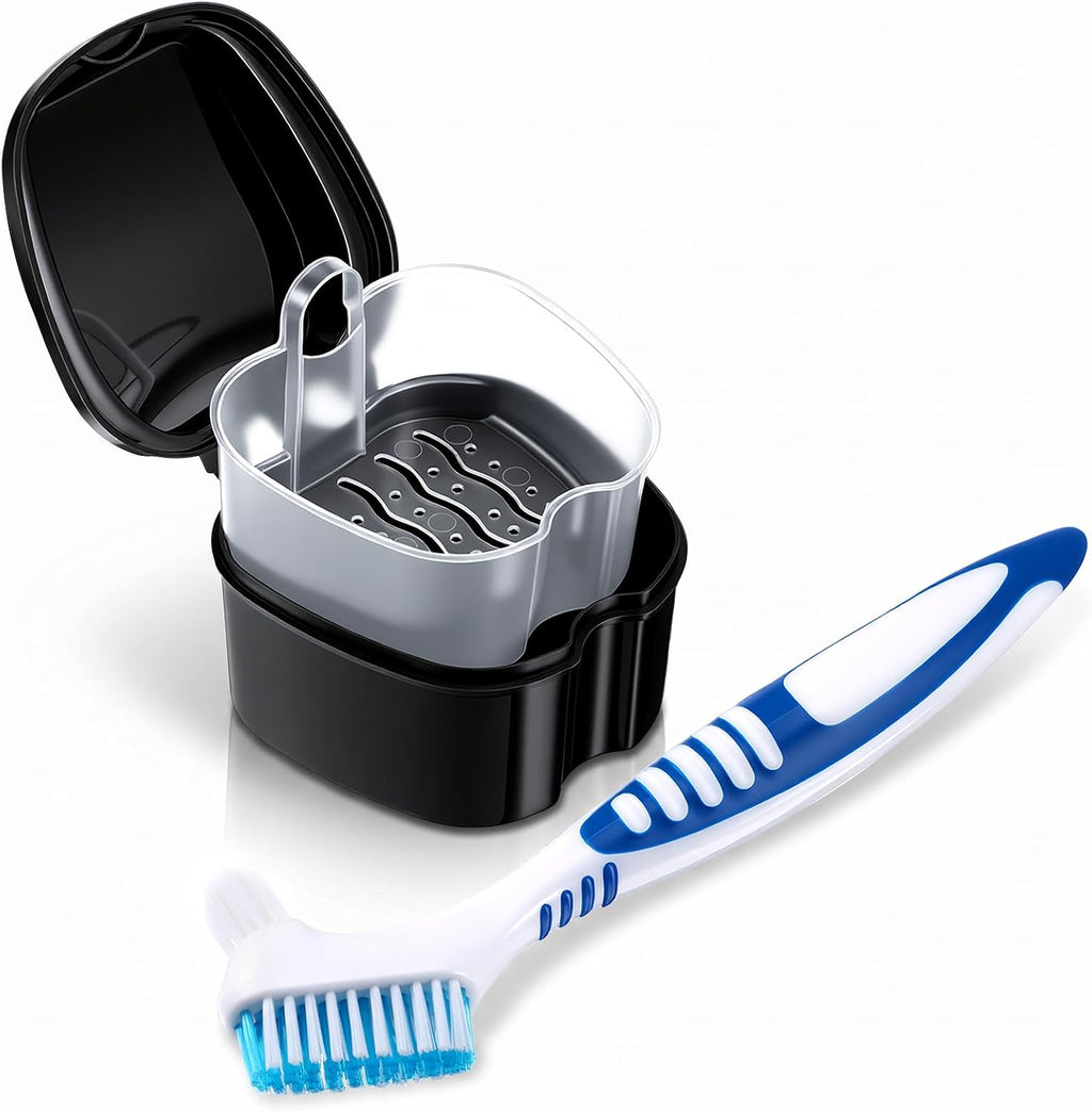 2 PCS Denture Bath Case Cup Kit Retainer Cleaner Holder Case False Teeth Container for Soaking Dentures Storage Box Cases with Strainer Basket and Brush Travel