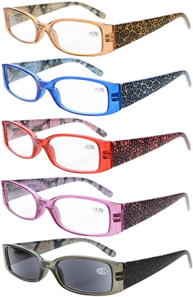 Eyekepper 5-Pack Spring Hinges Tiger Patterned Temples Reading Glasses Includes Sunshine Readers Women +4.0