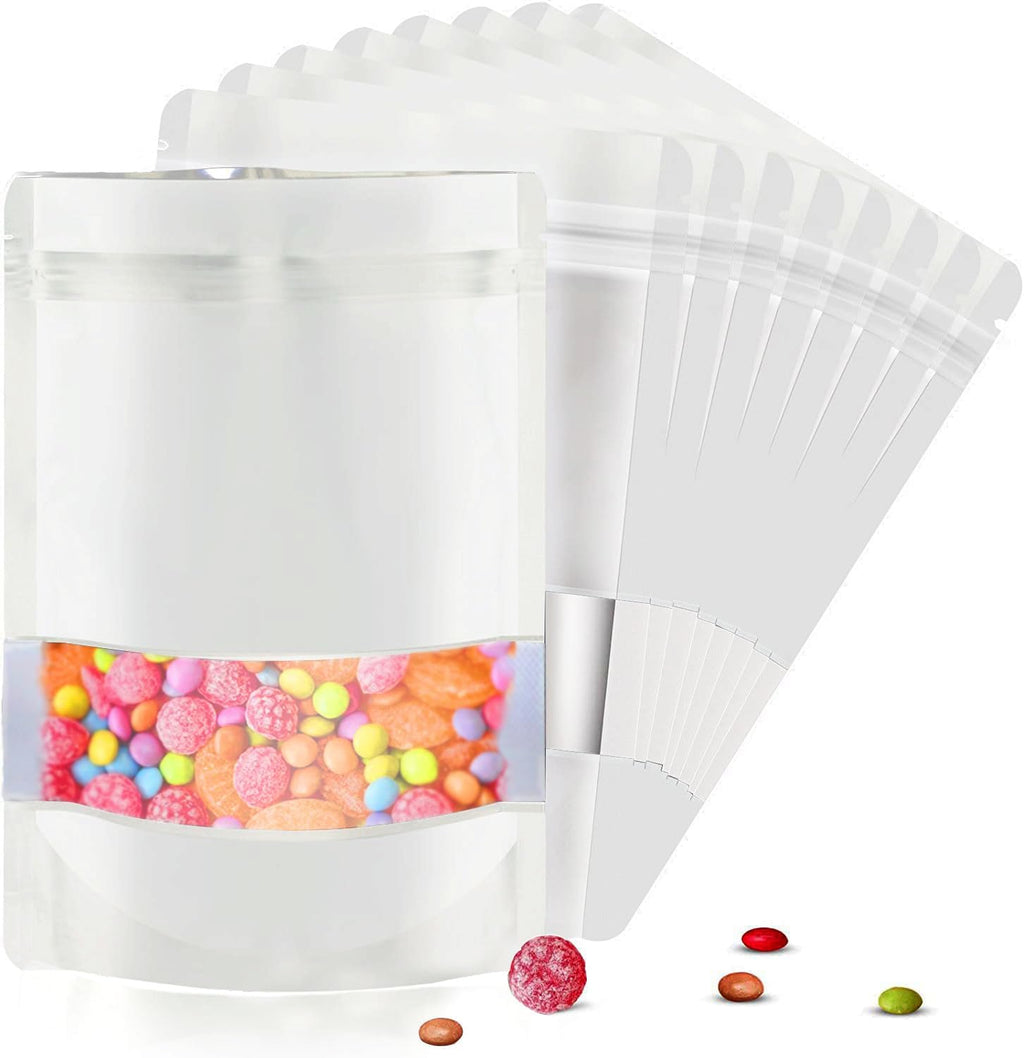 5.5"x7.8" 120pcs Mylar Bags for Food Storage,Smell Proof Bag with Matte Window Resealable Food Storage Bags for Small Business, Stand-up Foil Pouch Packaging Freeze Dried Candy Bag（White）