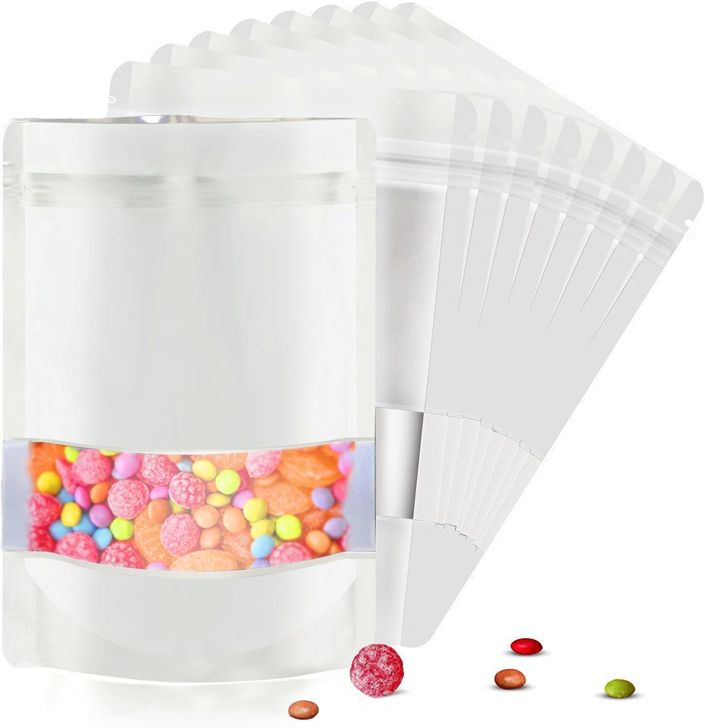 120pcs 4"x6" Mylar Bags for Food Storage,Smell Proof Bag with Matte Window Resealable Food Storage Bags for Small Business, Stand-up Foil Pouch Packaging Freeze Dried Candy Bag（White）