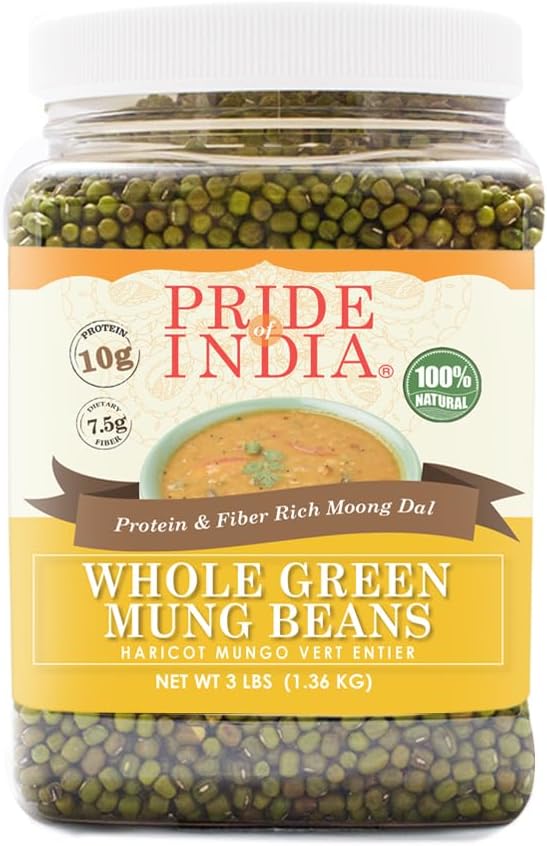Pride Of India - Indian Whole Green Mung Gram - Protein & Fiber Rich Mung Bean Whole, 3.0 Pound Jar
