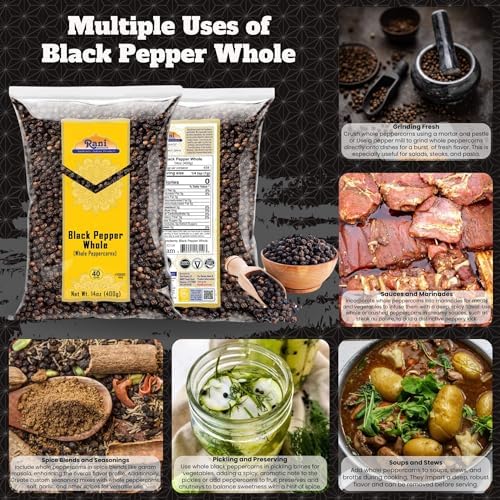Rani Black Pepper Whole (Peppercorns), Premium MG-1 Grade 14oz (400g) ~ All Natural | Gluten Friendly | Non-GMO | Kosher | Product of Vietnam | Perfect size for Grinders!
