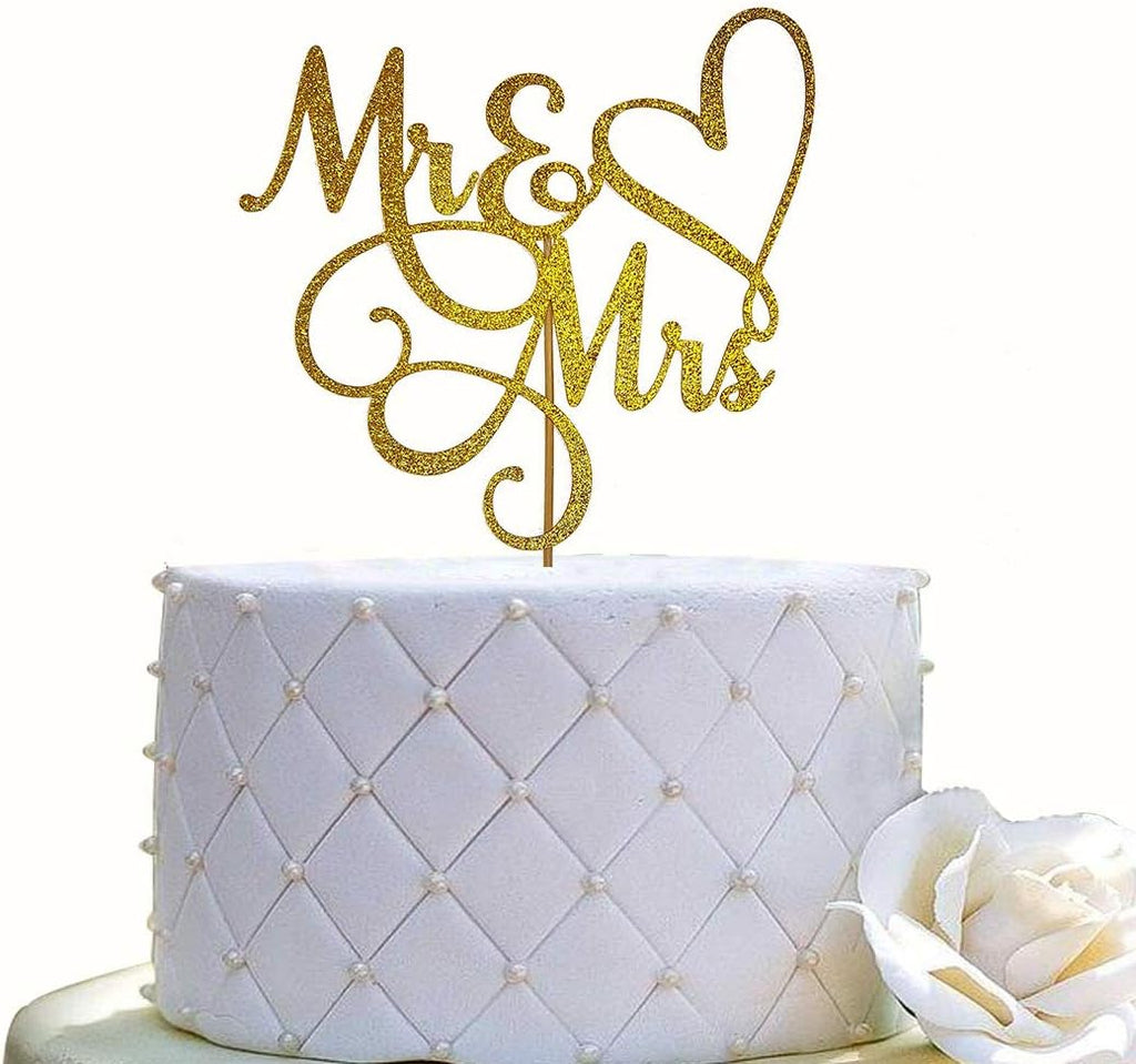 JIEEIN Mr and Mrs Cake Topper, Bride and Groom Sign Wedding, Engagement Cake Toppers Decorations, Double-faced Gold Glitter