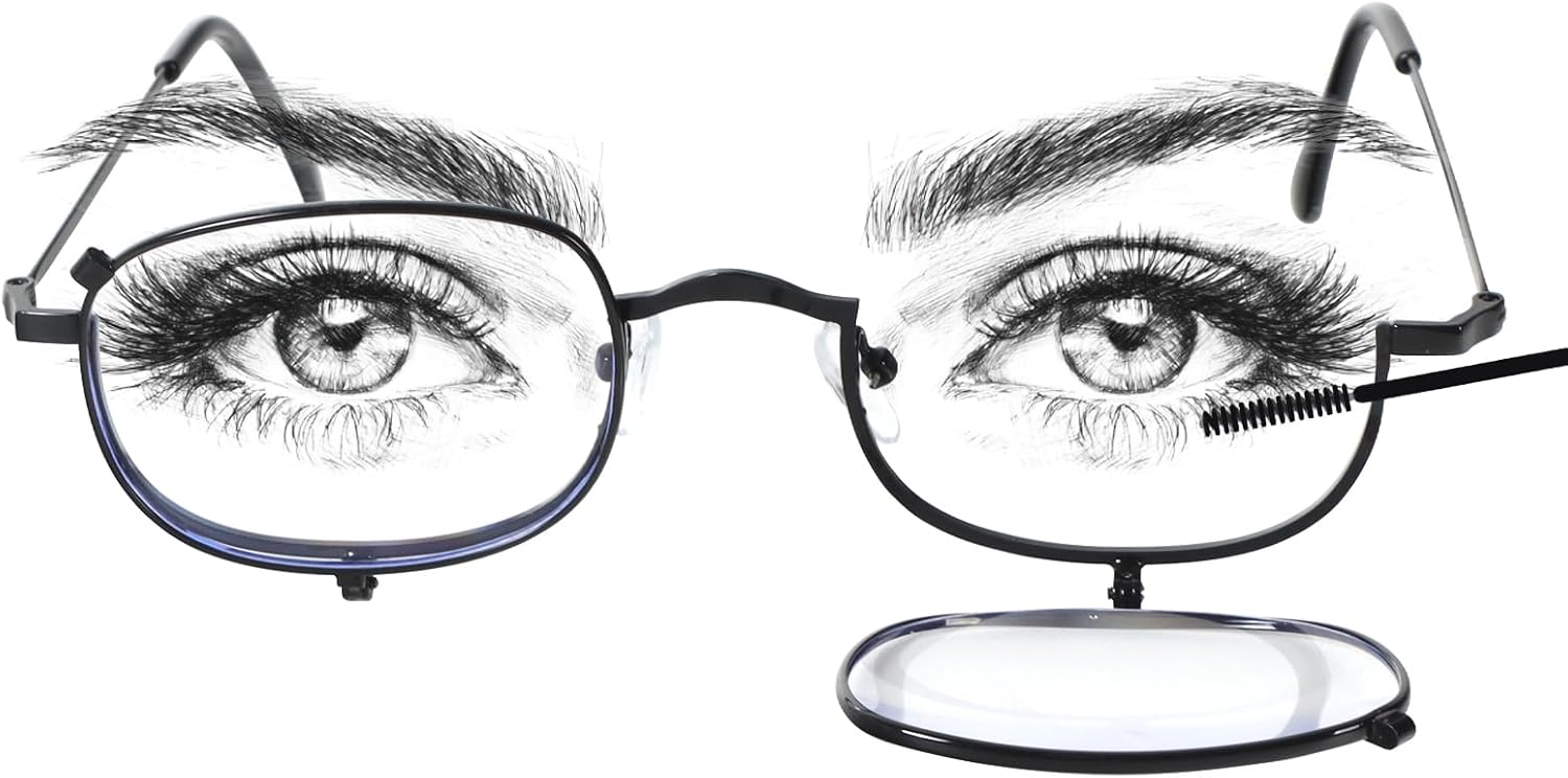 MMOWW Makeup Reading Glasses for Women Metal Frame Flip Down Magnifying Cosmetic Readers Blue Light Blocking