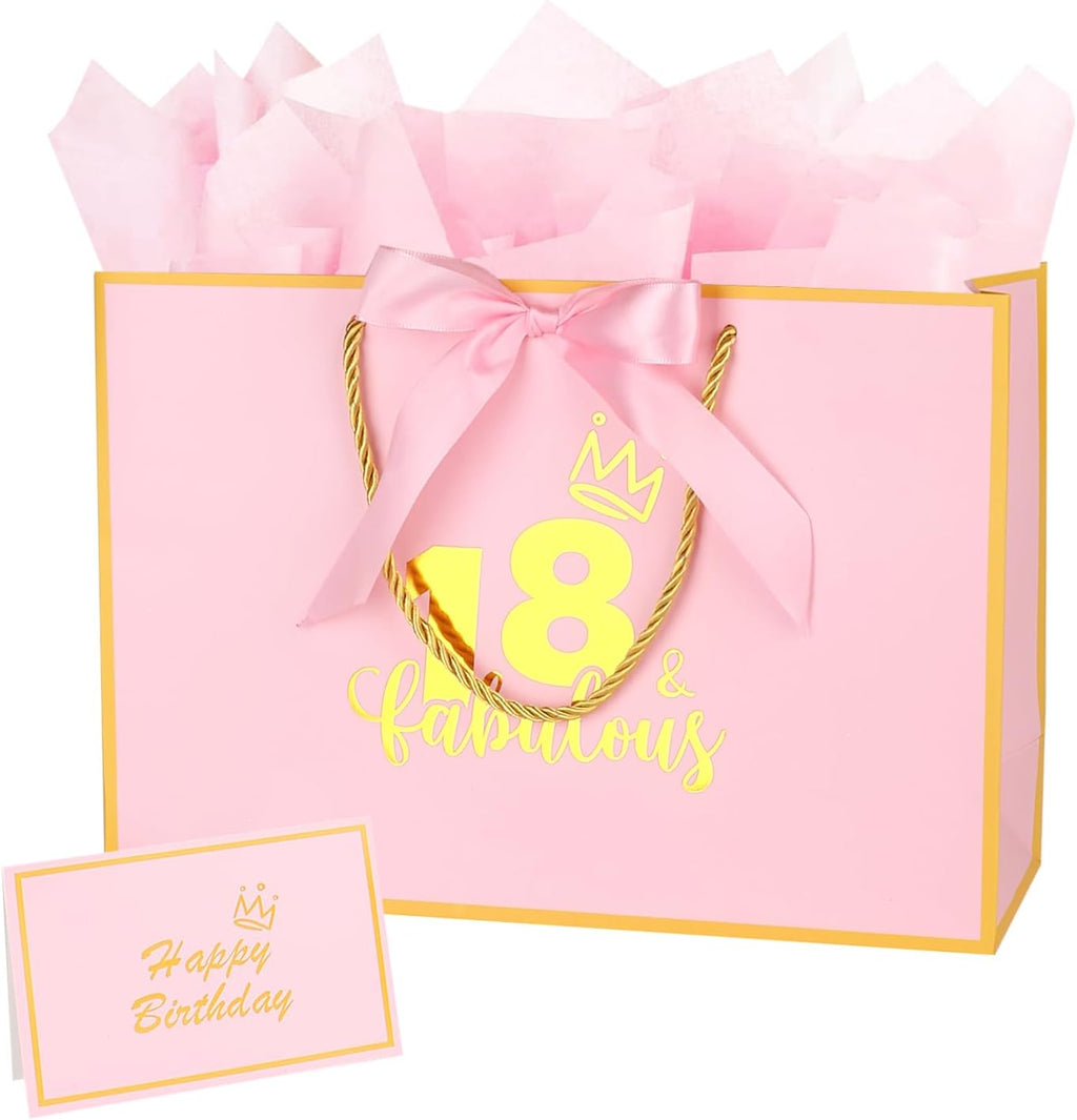Dimetey 12.6Inch 18th Birthday Gift Bag with gift Card and Tissue Paper for Girl's 18th Birthday Supplies (Pink 18th)
