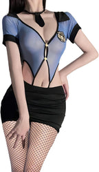 ROSVAJFY Women Police Costume Cop Outfit Sexy Cosplay Lingerie Set Policewoman Officer Uniform Naughty Fancy Dress Sheer Mesh Top Mini Dress Halloween Anime Role Play Teacher Bodysuit+Stockings