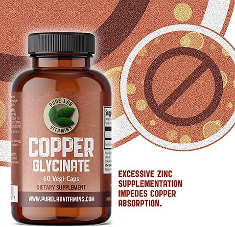 Pure Lab Vitamins Copper Glycinate Mineral Supplement -1 mg - 60 Vegan Caps Essential for Collagen Production, Supports Immune System & Red Blood Cell Formation - Gluten Free Made in Canada