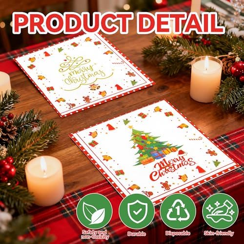 50 PCS Merry Christmas Paper Napkins - 6.5 x 6.5 Inch Xmas Tree Luncheon Napkins Disposable Double-Sided Dinner Napkin for Christmas Holiday Birthday Party Decoration