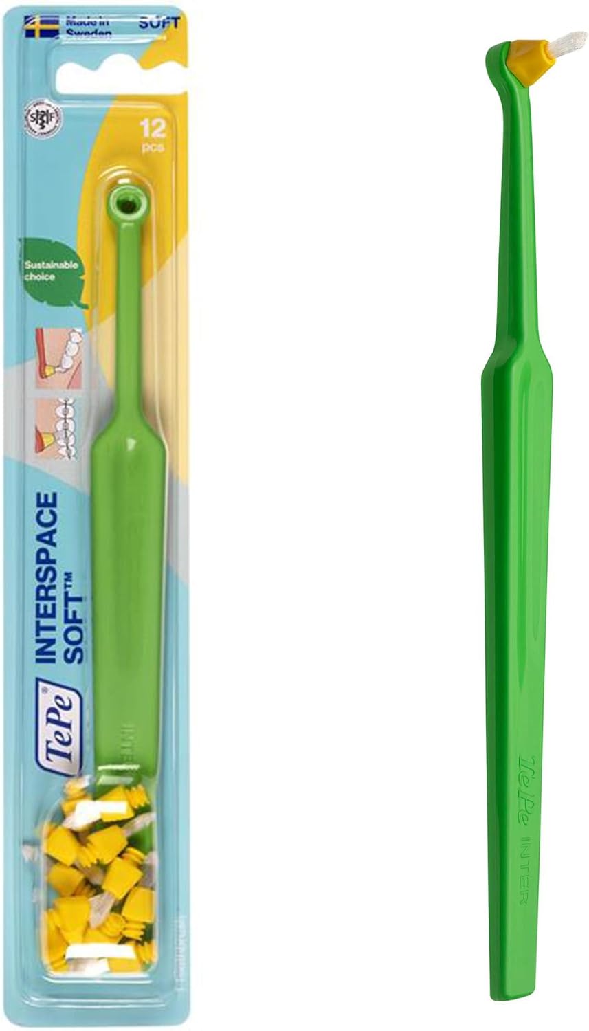 TePe Interspace Angled Soft Toothbrush for Braces with Single-End Tuft and Removable Head, 12 Pack