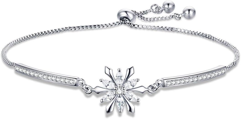 BISAER Snowflake Tennis Bracelets for Women White Gold Plated Cubic Zirconia Bracelet with Adjustable Chain, Anniversary, Birthday, Mother Day, Women' s Day Bracelet