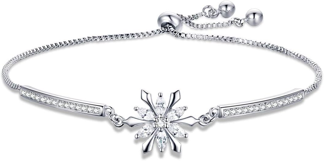 BISAER Snowflake Tennis Bracelets for Women White Gold Plated Cubic Zirconia Bracelet with Adjustable Chain, Anniversary, Birthday, Mother Day, Women' s Day Bracelet